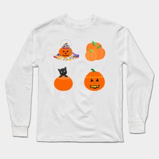 Halloween Pumpkins, Candy and Black Cat (White Background) Long Sleeve T-Shirt